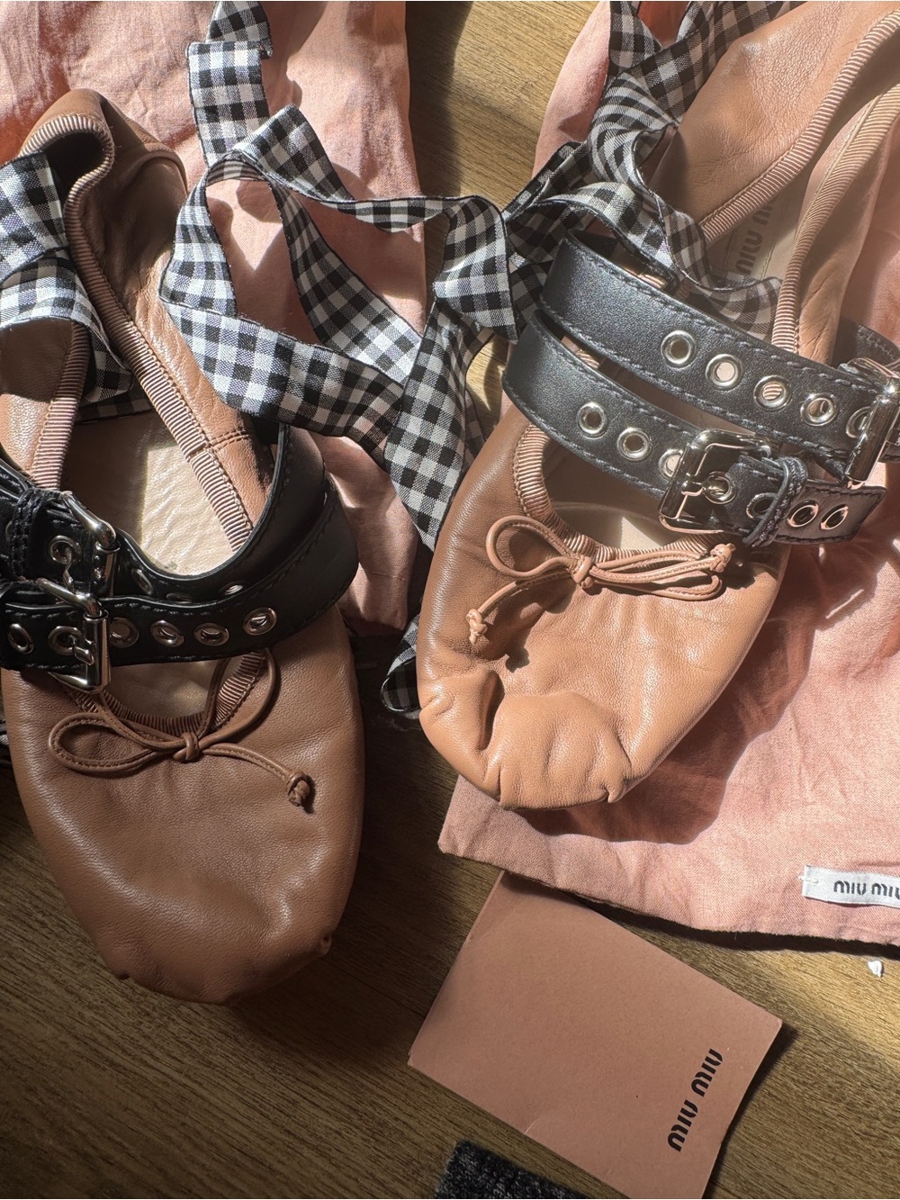 Miu Miu Leather Ballet Flats with Black Buckle Straps & Ankle Ribbons